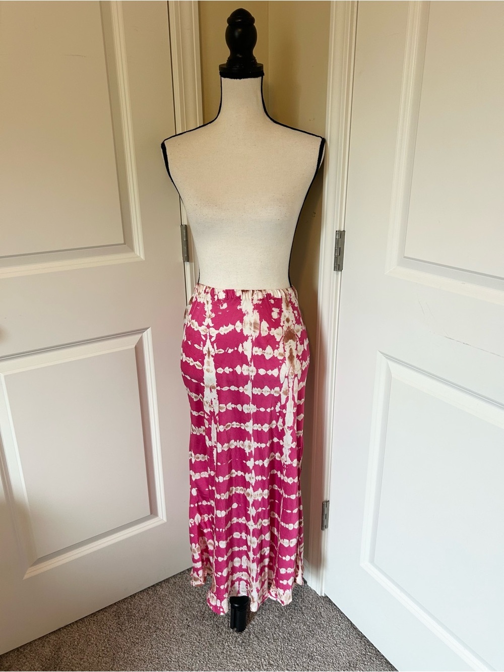 YFB- Silk Tie-Dye Pink and White Maxi Skirt - Flowy Style with slit